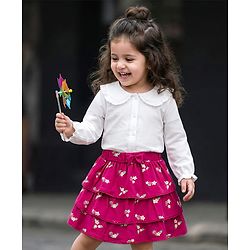 Babyhug Single Jersey Knit Full Sleeves Front Open Peter Pan Collar Top and Skirt Set With Floral Print - White & Dark Pink