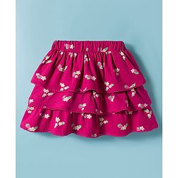 Babyhug Single Jersey Knit Full Sleeves Front Open Peter Pan Collar Top and Skirt Set With Floral Print - White & Dark Pink