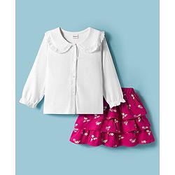 Babyhug Single Jersey Knit Full Sleeves Front Open Peter Pan Collar Top and Skirt Set With Floral Print - White & Dark Pink