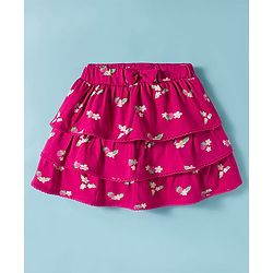 Babyhug Single Jersey Knit Full Sleeves Front Open Peter Pan Collar Top and Skirt Set With Floral Print - White & Dark Pink