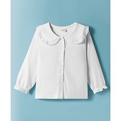 Babyhug Single Jersey Knit Full Sleeves Front Open Peter Pan Collar Top and Skirt Set With Floral Print - White & Dark Pink