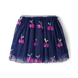Babyhug Single Jersey Knit  Full Sleeves Top and Skirt With Frill Detailing & Sequin Cherry Design - Pink & Navy Blue