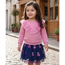 Babyhug Single Jersey Knit  Full Sleeves Top and Skirt With Frill Detailing & Sequin Cherry Design - Pink & Navy Blue