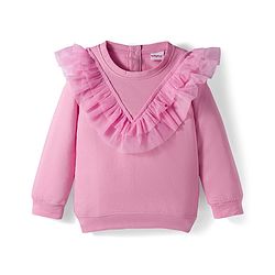Babyhug Single Jersey Knit  Full Sleeves Top and Skirt With Frill Detailing & Sequin Cherry Design - Pink & Navy Blue
