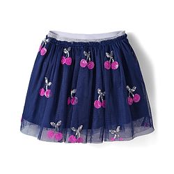 Babyhug Single Jersey Knit  Full Sleeves Top and Skirt With Frill Detailing & Sequin Cherry Design - Pink & Navy Blue
