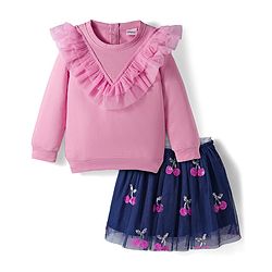 Babyhug Single Jersey Knit  Full Sleeves Top and Skirt With Frill Detailing & Sequin Cherry Design - Pink & Navy Blue
