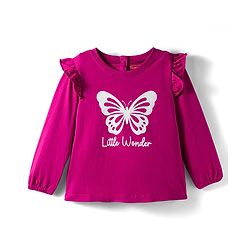 Babyhug 100% Cotton Knit Full Sleeves Top with Butterfly Print & Frill Detailing - Dark Pink