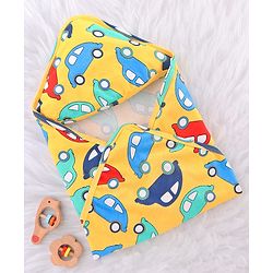 Babyhug Cotton Interlock Knit Hooded Wrapper with Vehicle Print L 76 x B 71.5 cm - Yellow