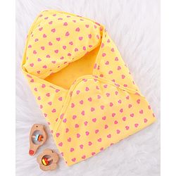 Babyhug Cotton Interlock Knit Hooded Wrapper with Hearts Print L 76 x B 71.5 cm - Yellow