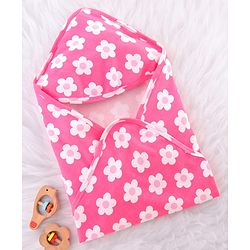 Babyhug Cotton Interlock Knit Hooded Wrapper with Floral Print L 76 x B 71.5 cm - Pink