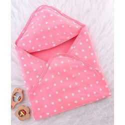 Babyhug Cotton Interlock Knit Hooded Wrapper with Polka Dots Print L 76 x B 71.5 cm - Pink