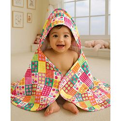 Babyhug Cotton Interlock Knit Hooded Wrapper with Tropical Theme Printed L 76 x B 73 cm - White
