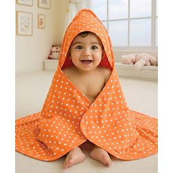 Babyhug Cotton Interlock Knit Hooded Wrapper with Heart Print L 75 x B 74 cm - Orange
