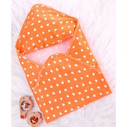 Babyhug Cotton Interlock Knit Hooded Wrapper with Heart Print L 75 x B 74 cm - Orange