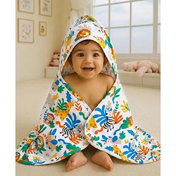 Babyhug Cotton Knit Hooded  Wrapper With Animal Print L 75 x B 70 cm - Yellow