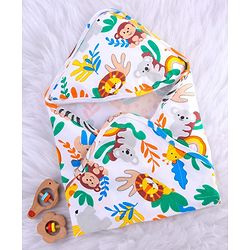 Babyhug Cotton Knit Hooded  Wrapper With Animal Print L 75 x B 70 cm - Yellow