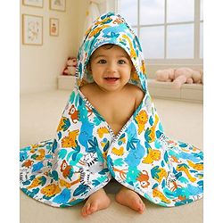 Babyhug Cotton Knit Hooded Wrapper With Animal Print L 75 x B 70 cm - White