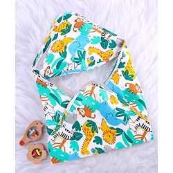 Babyhug Cotton Knit Hooded Wrapper With Animal Print L 75 x B 70 cm - White