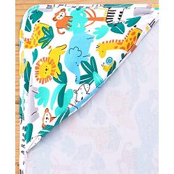 Babyhug Cotton Knit Hooded Wrapper With Animal Print L 75 x B 70 cm - White