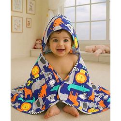 Babyhug Cotton Interlock Knit Hooded Wrapper with Animal Print L 76 x B 73 cm - Navy Blue