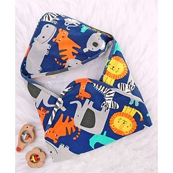 Babyhug Cotton Interlock Knit Hooded Wrapper with Animal Print L 76 x B 73 cm - Navy Blue