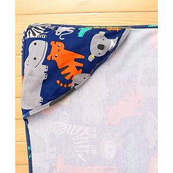 Babyhug Cotton Interlock Knit Hooded Wrapper with Animal Print L 76 x B 73 cm - Navy Blue