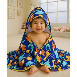 Babyhug Cotton Interlock Knit Hooded Wrapper with Animal Print L 75 x B 73 cm - Navy Blue