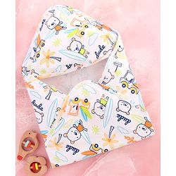 Babyhug Interlock 100% Cotton Knit Hooded Wrapper Beach Theme Print L 75 x B 72 cm - White