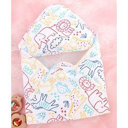 Babyhug Interlock Cotton Knit Hooded Wrapper Jungle Theme Print L 75 x B 72 cm - White