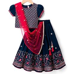 Babyhug Georgette Woven Half Puffed Sleeves Choli Lehenga Set with Dupatta & Embroidery - Navy Blue