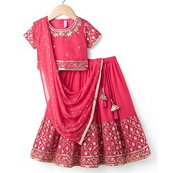 Babyhug Georgett Woven Half Sleeves Choli Lehenega & Dupatta Set With Floral Embriodery & Sequin Detailing - Red