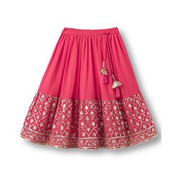 Babyhug Georgett Woven Half Sleeves Choli Lehenega & Dupatta Set With Floral Embriodery & Sequin Detailing - Red