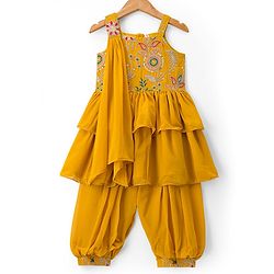 Babyhug Georgette Woven Sleeveless Embroidered Kurti Patiala Set with Dupatta - Yellow