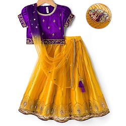 Babyhug Net Woven Half Sleeves Net Embroidered Choli Lehenga & Dupatta Set With Sequin Detailing - Purple & Yellow