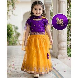 Babyhug Net Woven Half Sleeves Net Embroidered Choli Lehenga & Dupatta Set With Sequin Detailing - Purple & Yellow