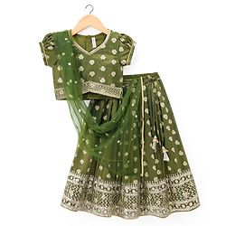 Babyhug Brocade Woven Half Puffed Sleeves Choli Lehenga with Dupatta Embroidery & Sequin Detailing - Green