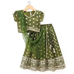 Babyhug Brocade Woven Half Puffed Sleeves Choli Lehenga with Dupatta Embroidery & Sequin Detailing - Green