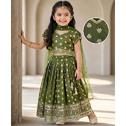 Babyhug Brocade Woven Half Puffed Sleeves Choli Lehenga with Dupatta Embroidery & Sequin Detailing - Green