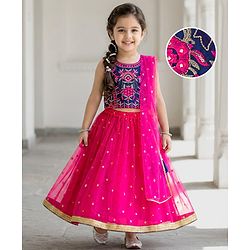 Babyhug Woven Sleeveless Embroidered Choli Lehenga Set with Dupatta - Dark Pink & Blue