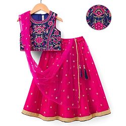 Babyhug Woven Sleeveless Embroidered Choli Lehenga Set with Dupatta - Dark Pink & Blue