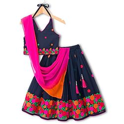 Babyhug Georgette Woven Sleeveless Choli Lehenga & Dupatta Set With Floral Embroidery - Navy Blue