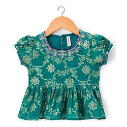 Babyhug Brocade Half Puffed Sleeves Choli Lehenga Set with Dupatta & Floral Foil Print - Teal Blue