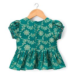 Babyhug Brocade Half Puffed Sleeves Choli Lehenga Set with Dupatta & Floral Foil Print - Teal Blue