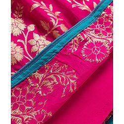 Babyhug Brocade Half Puffed Sleeves Choli Lehenga Set with Dupatta & Floral Foil Print - Teal Blue
