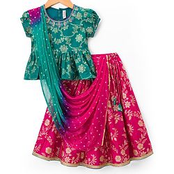Babyhug Brocade Half Puffed Sleeves Choli Lehenga Set with Dupatta & Floral Foil Print - Teal Blue