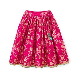Babyhug Brocade Half Puffed Sleeves Choli Lehenga Set with Dupatta & Floral Foil Print - Teal Blue