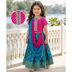 Babyhug Brocade Half Sleeves Embroidered Choli Lehenga Set with Dupatta - Pink & Blue