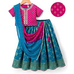 Babyhug Brocade Half Sleeves Embroidered Choli Lehenga Set with Dupatta - Pink & Blue