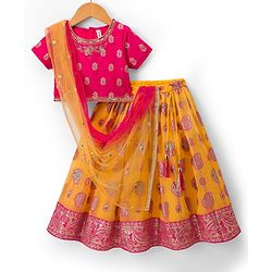 Babyhug Brocade Half Sleeves Embroidered Choli Lehenga Set with Dupatta & Sequin Detailing - Pink & Yellow
