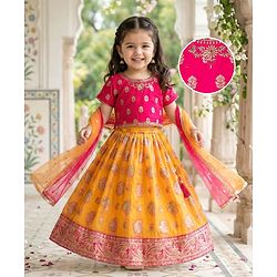 Babyhug Brocade Half Sleeves Embroidered Choli Lehenga Set with Dupatta & Sequin Detailing - Pink & Yellow